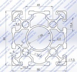 Алюминиевый конструкционный профиль 90x90L 8 Т-пазов чертеж